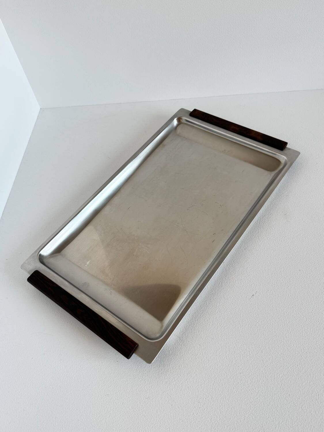Vintage Stainless Steel With Wood Handles Serving Platter