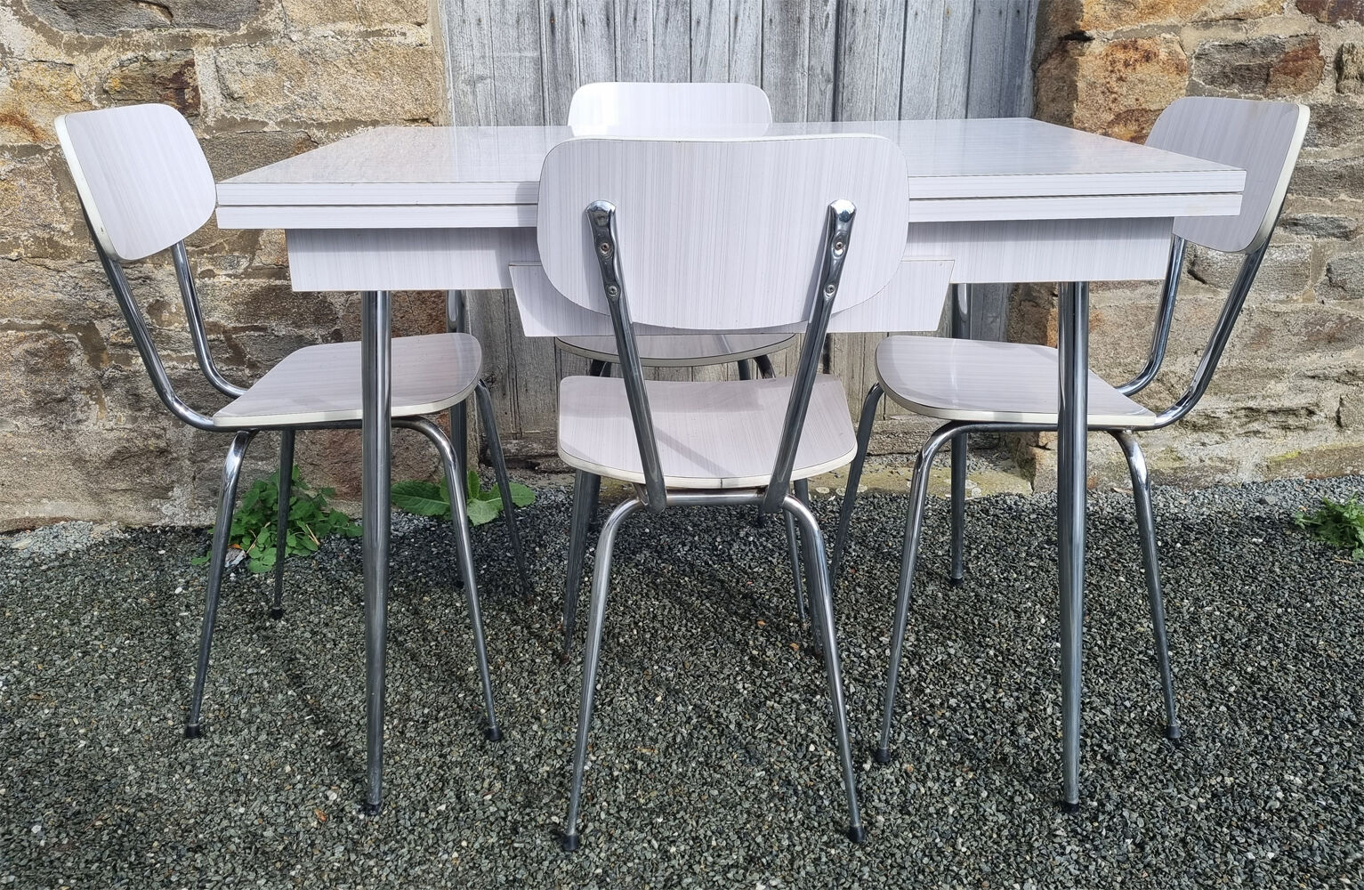 Set in white formica, table and 4 chairs, vintage, 70s