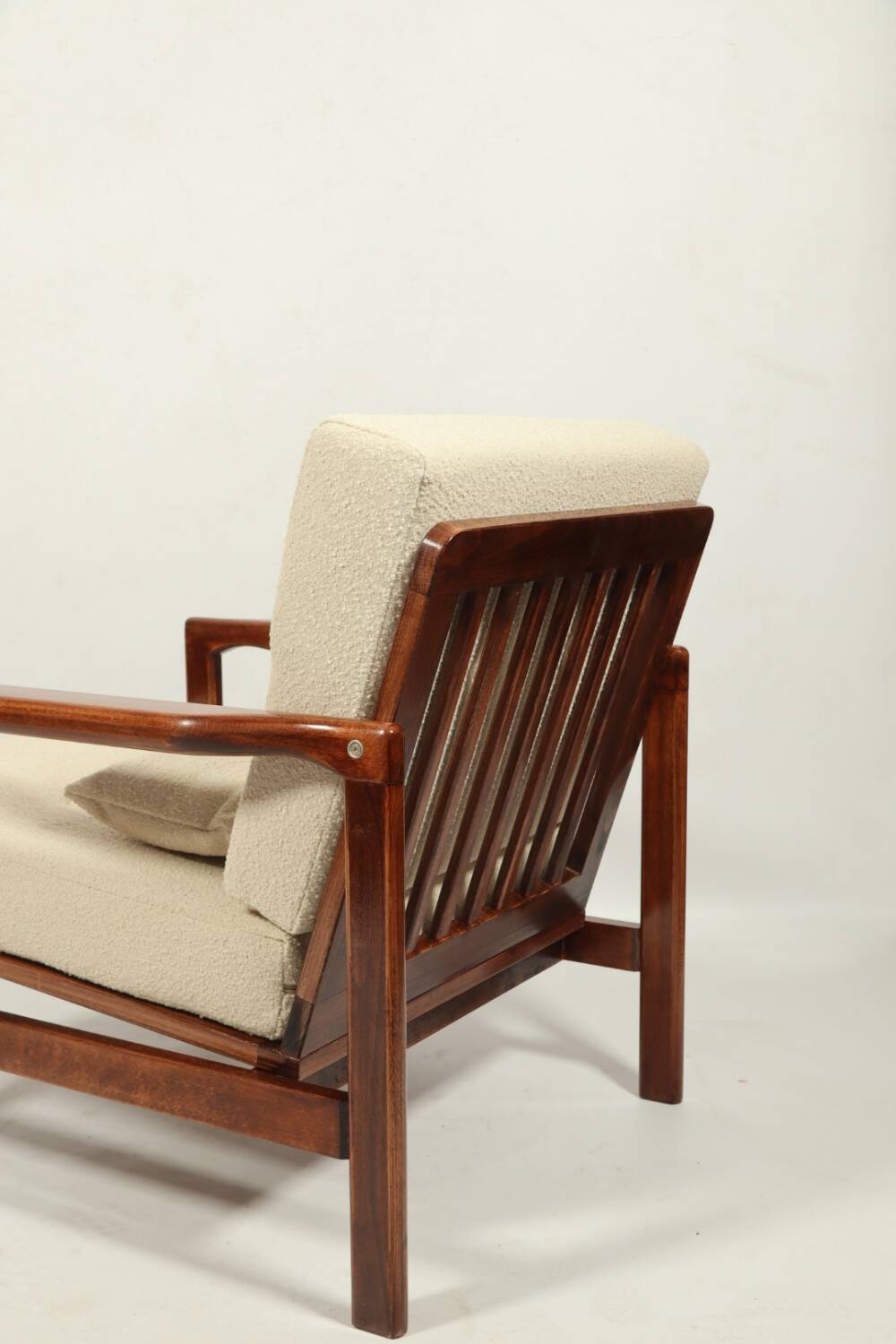 Vintage dark wood beige bouclé armchair by Z.Baczyk 1965