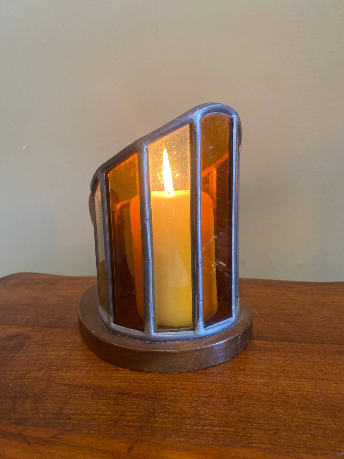Wooden and stained glass candle holder