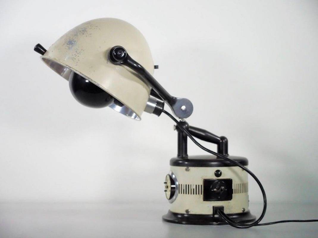 Black and white table lamp made from a 1940s solar lamp.