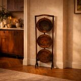 Vintage 3-tier cake stand in dark wood, 1920s serving display.