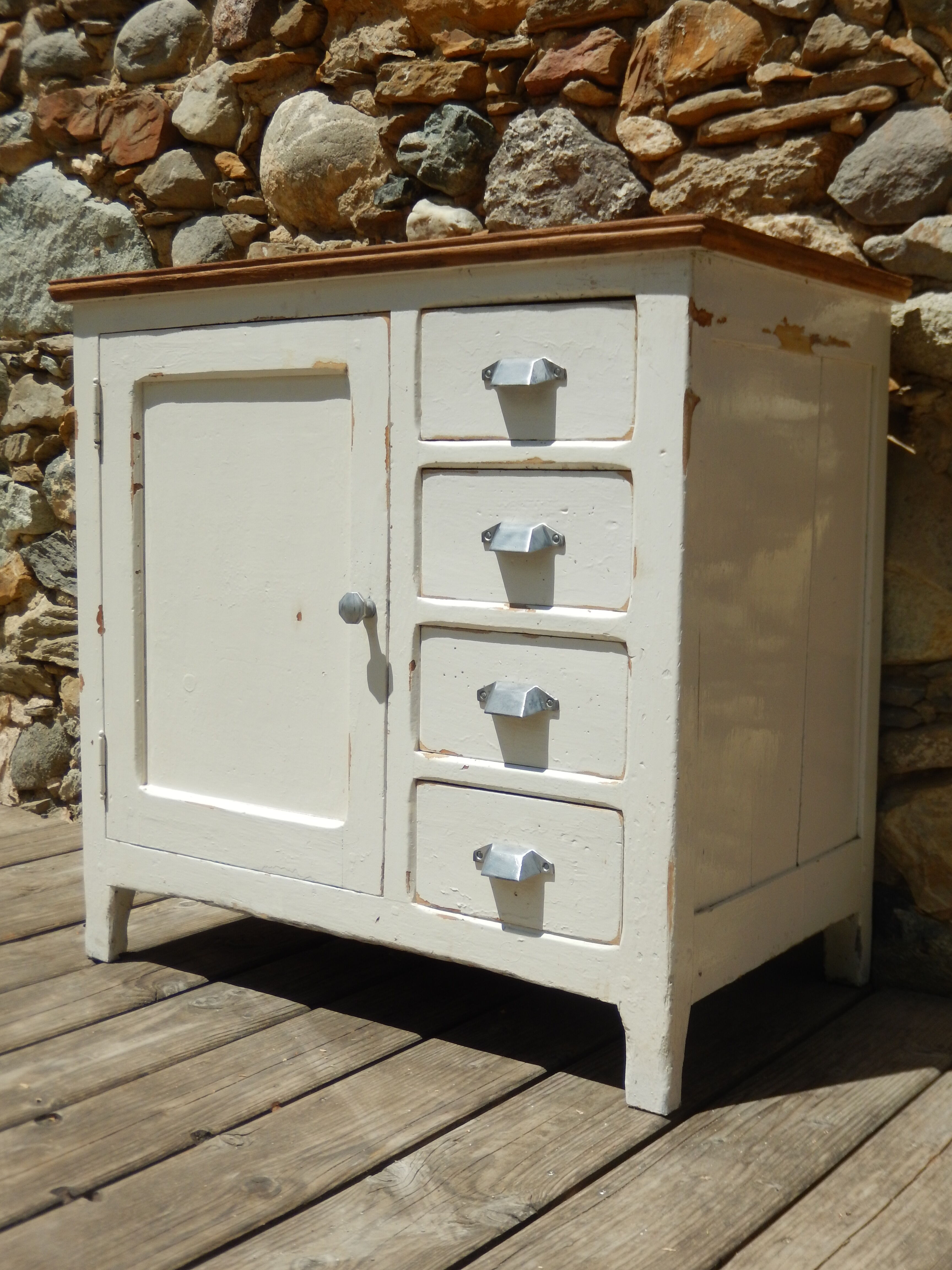 Antique sideboard / charming solid pine workshop furniture with a patina.