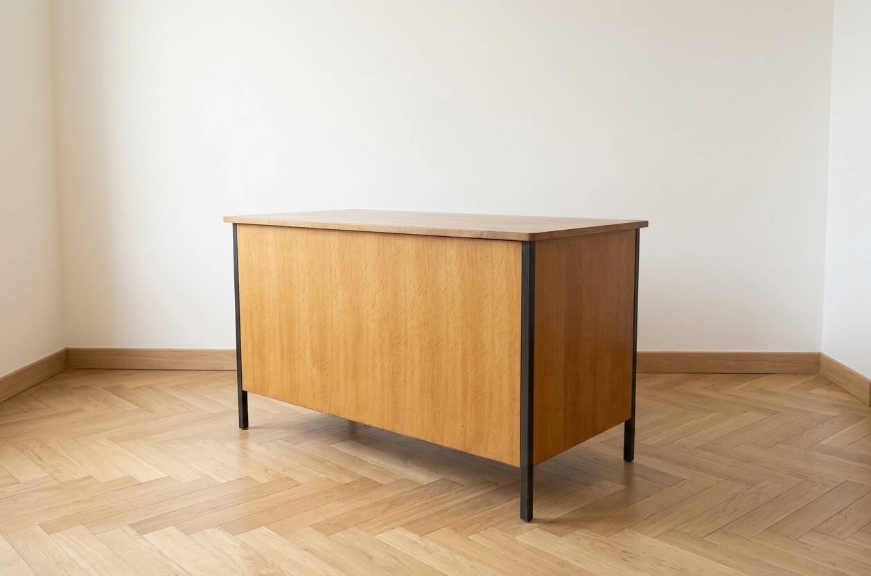 Vintage style desk by Jean Prouvé in oak and black metal.