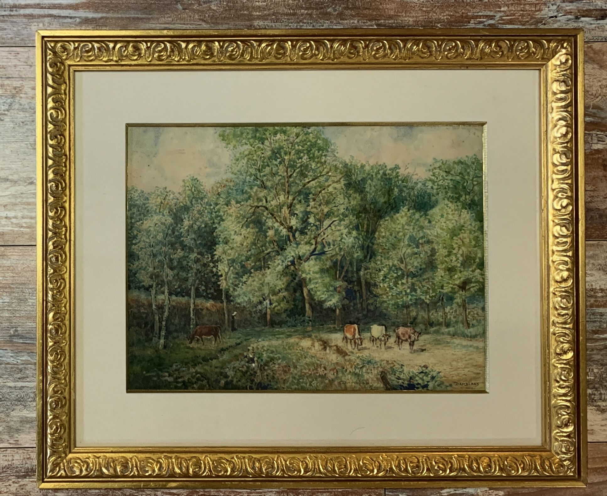 Aquarelle figurant un troupeau de vaches en pâture signature en bas a droite Eugéne Damblans (1865)