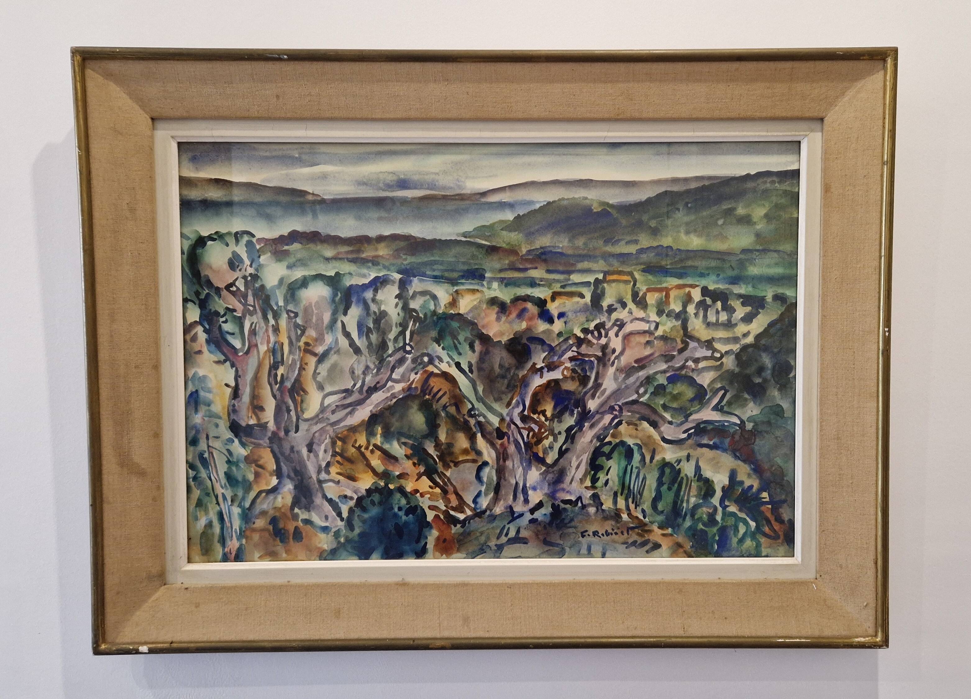 1950s gouache painting of the Mediterranean hinterland, framed, signed F Robinet
