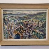 1950s gouache painting of the Mediterranean hinterland, framed, signed F Robinet