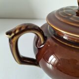 Vintage brown glazed earthenware teapot, mid-century sculptural decor.