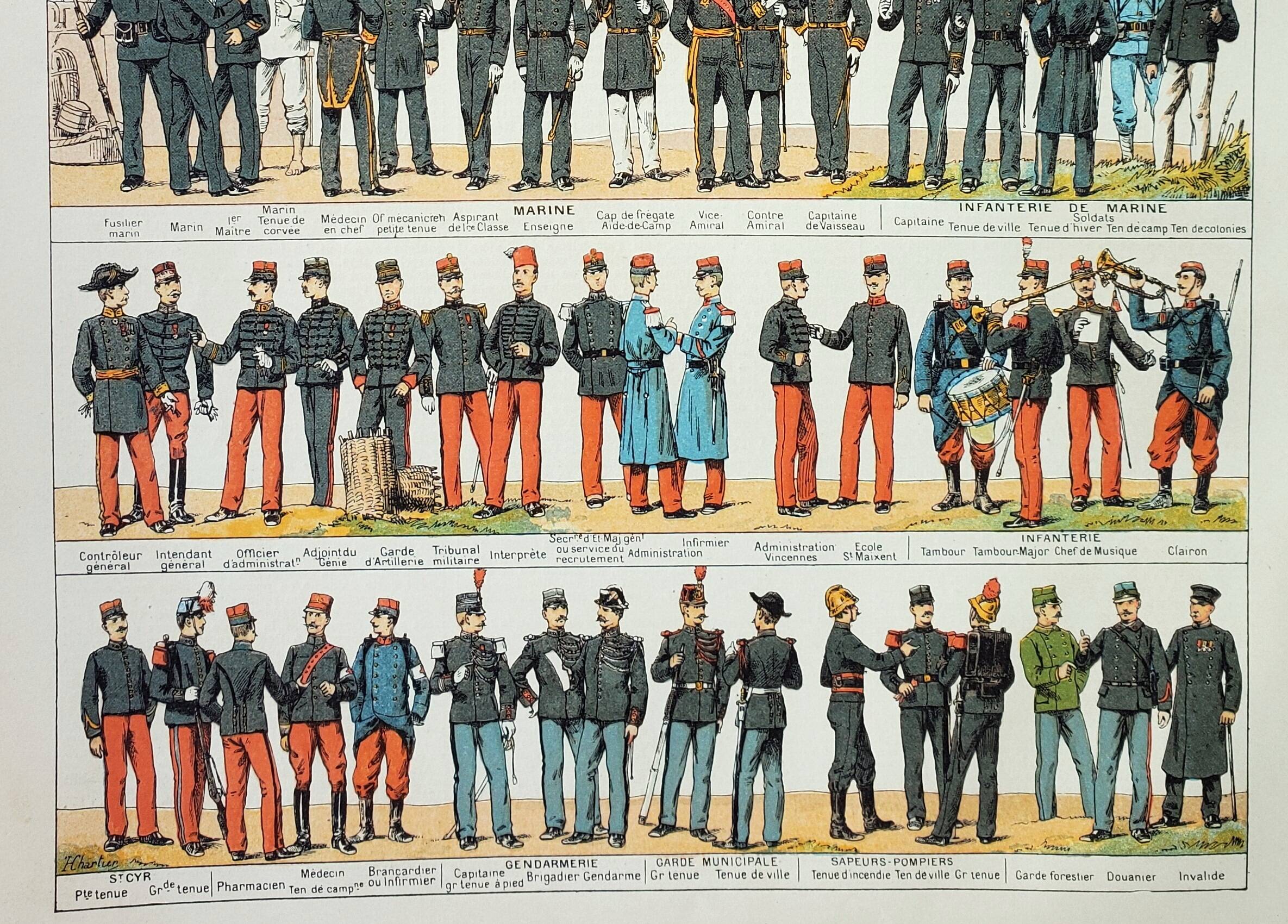 Old engraving 1898, French army uniforms (infantry) • Lithograph, Original plate