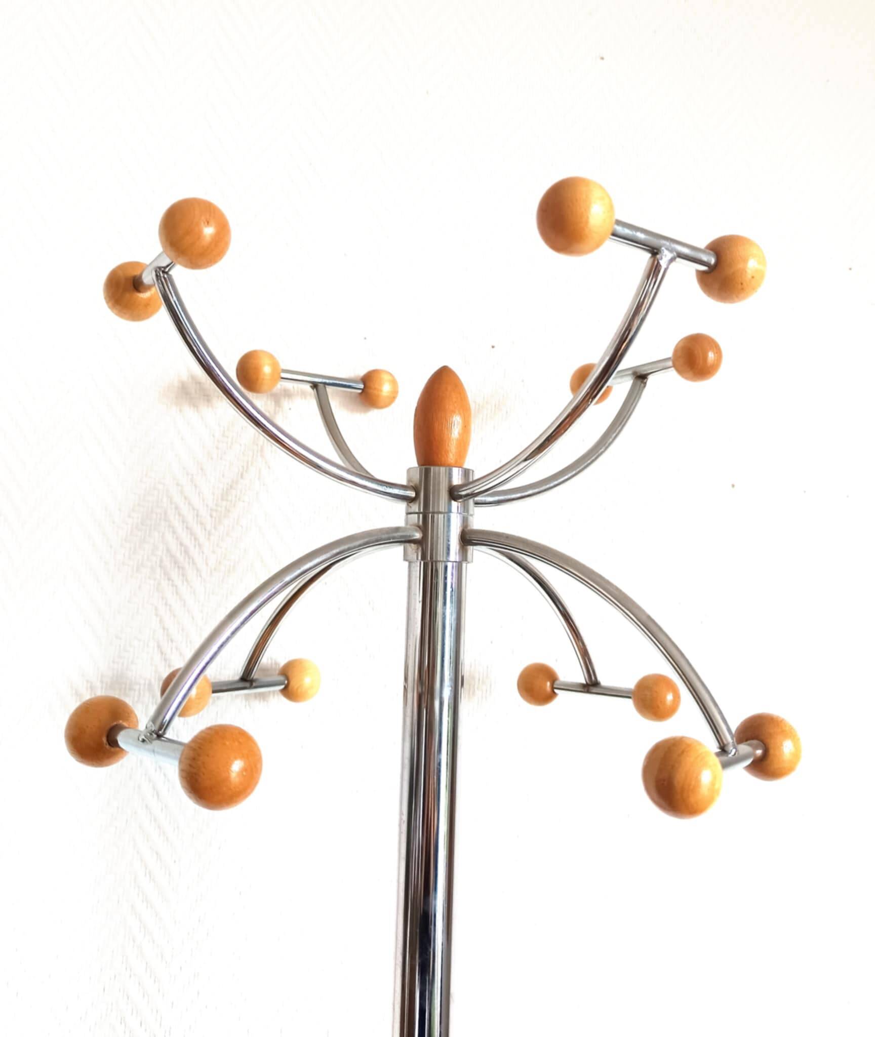 Space Age chrome and wood coat rack 1970
