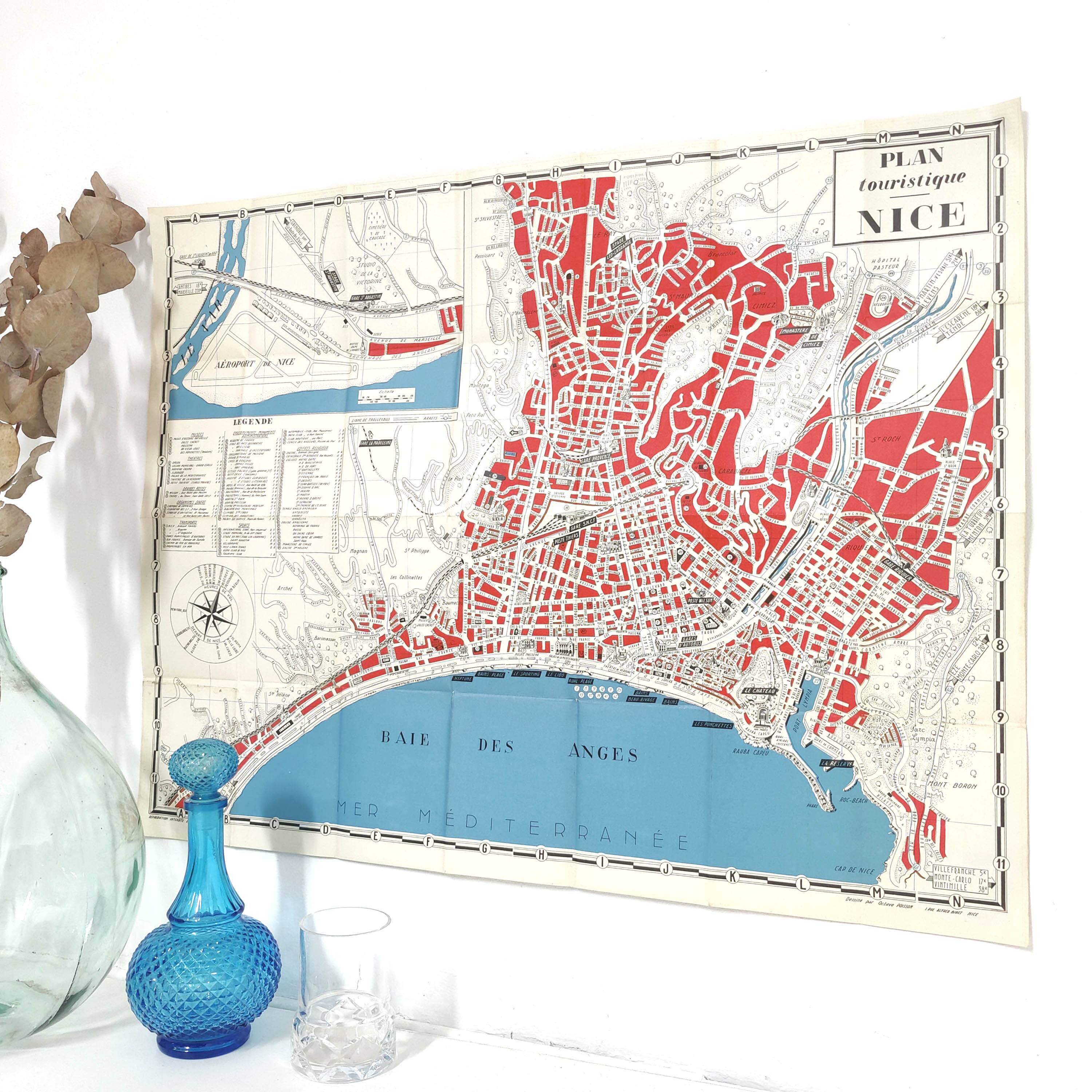 Tourist map of Nice 1950 French Riviera