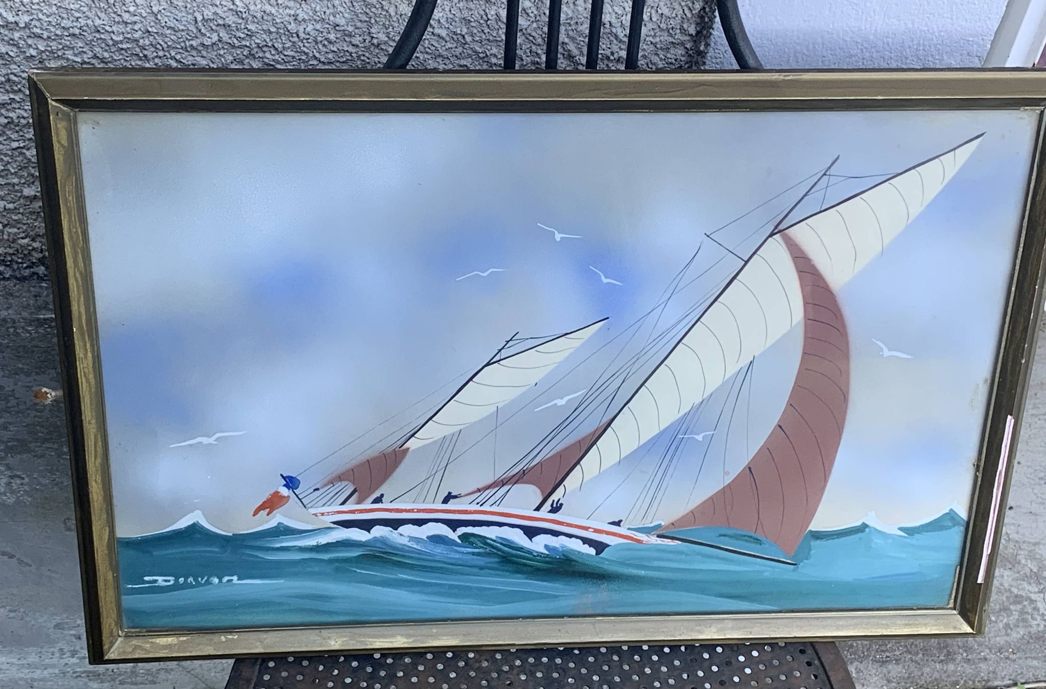 Tableau peinture marine, voilier signe Dorvom, encadre, vintage