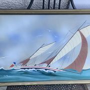 Tableau peinture marine, voilier signe Dorvom, encadre, vintage