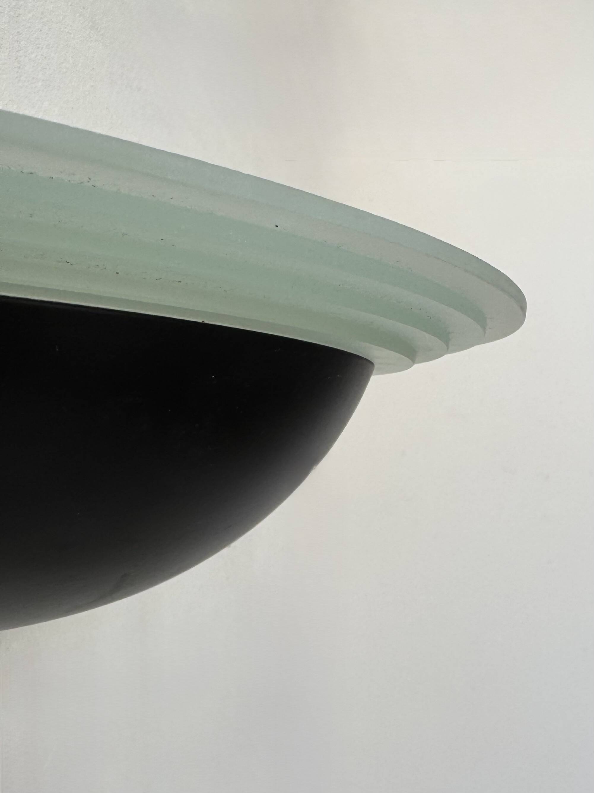 Vintage half-moon wall light, sandblasted glass and black lacquered metal, France, 1970