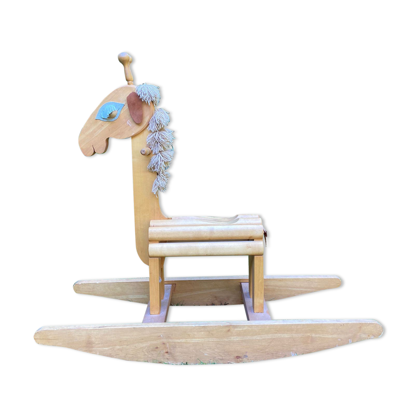 Vintage leather and pinewood rocking horse, giraffe, ca. 1970s
