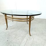 Vintage golden metal and oval glass coffee table, 1970s