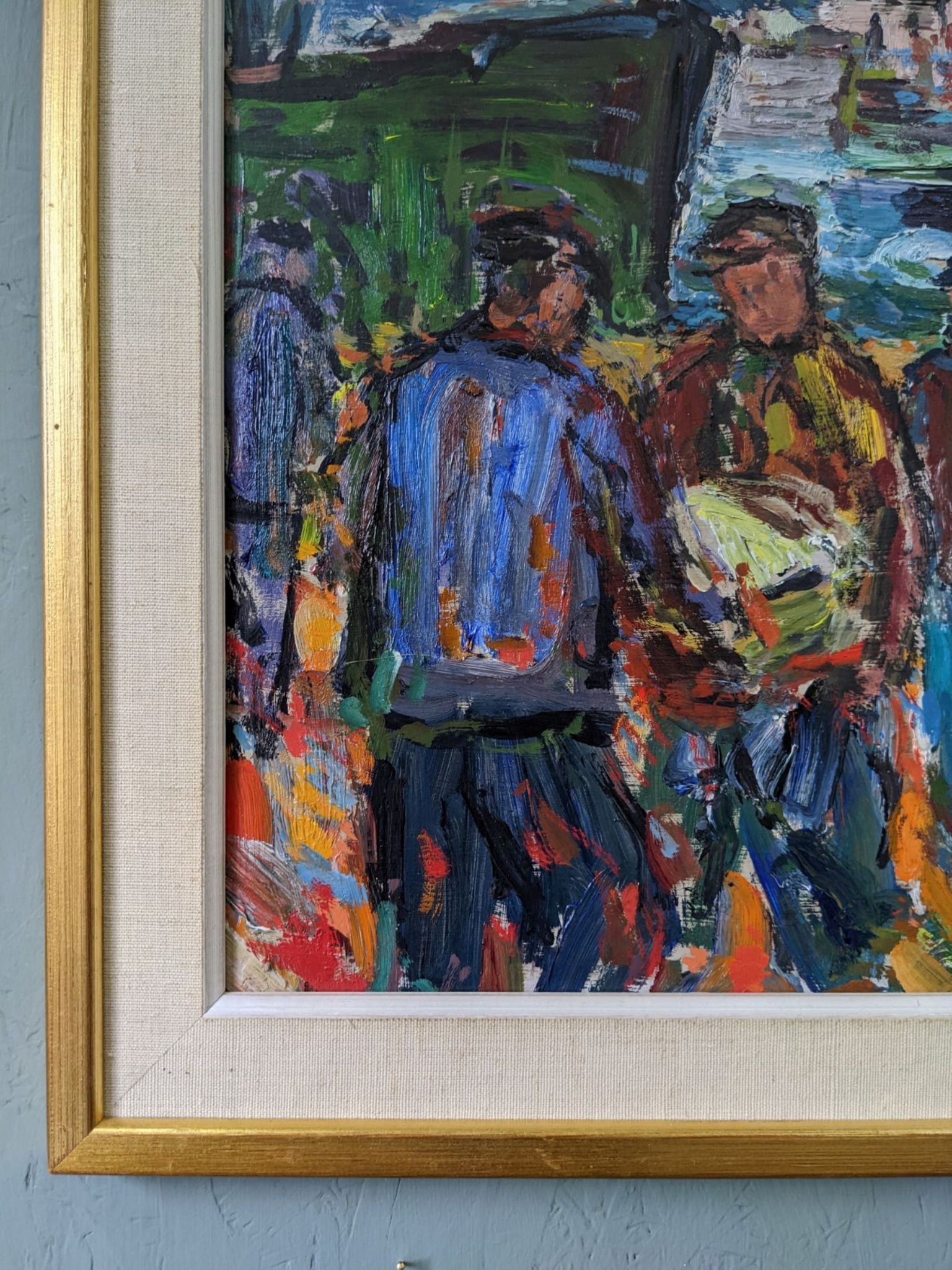 Peinture à l’huile figurative vintage suédoise « Coastal Dock » du milieu du siècle, encadrée