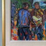 Peinture à l’huile figurative vintage suédoise « Coastal Dock » du milieu du siècle, encadrée