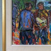 Peinture à l’huile figurative vintage suédoise « Coastal Dock » du milieu du siècle, encadrée