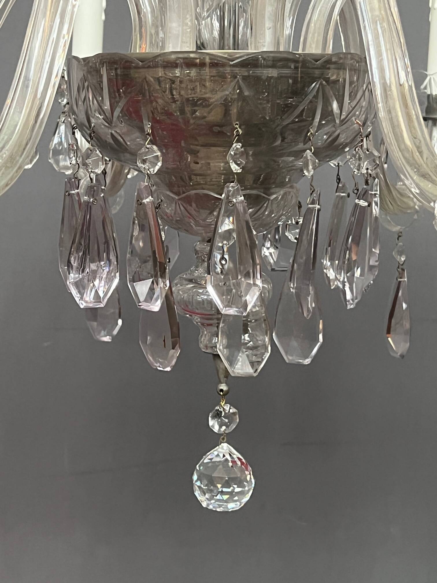 Venetian chandelier decorated with clear crystal and rare coloured crystal.