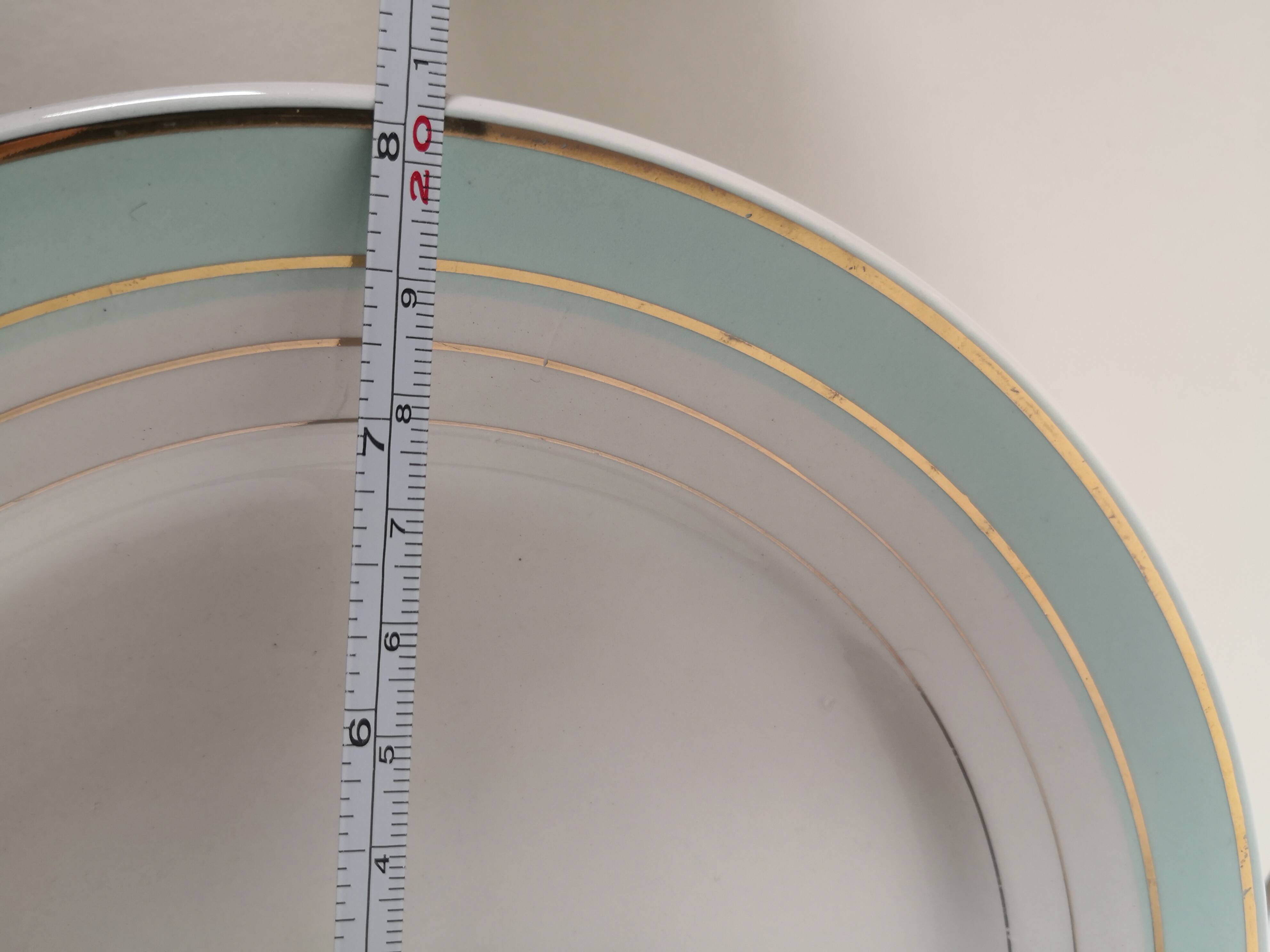 set of 9 green, white and gold Luneville plates