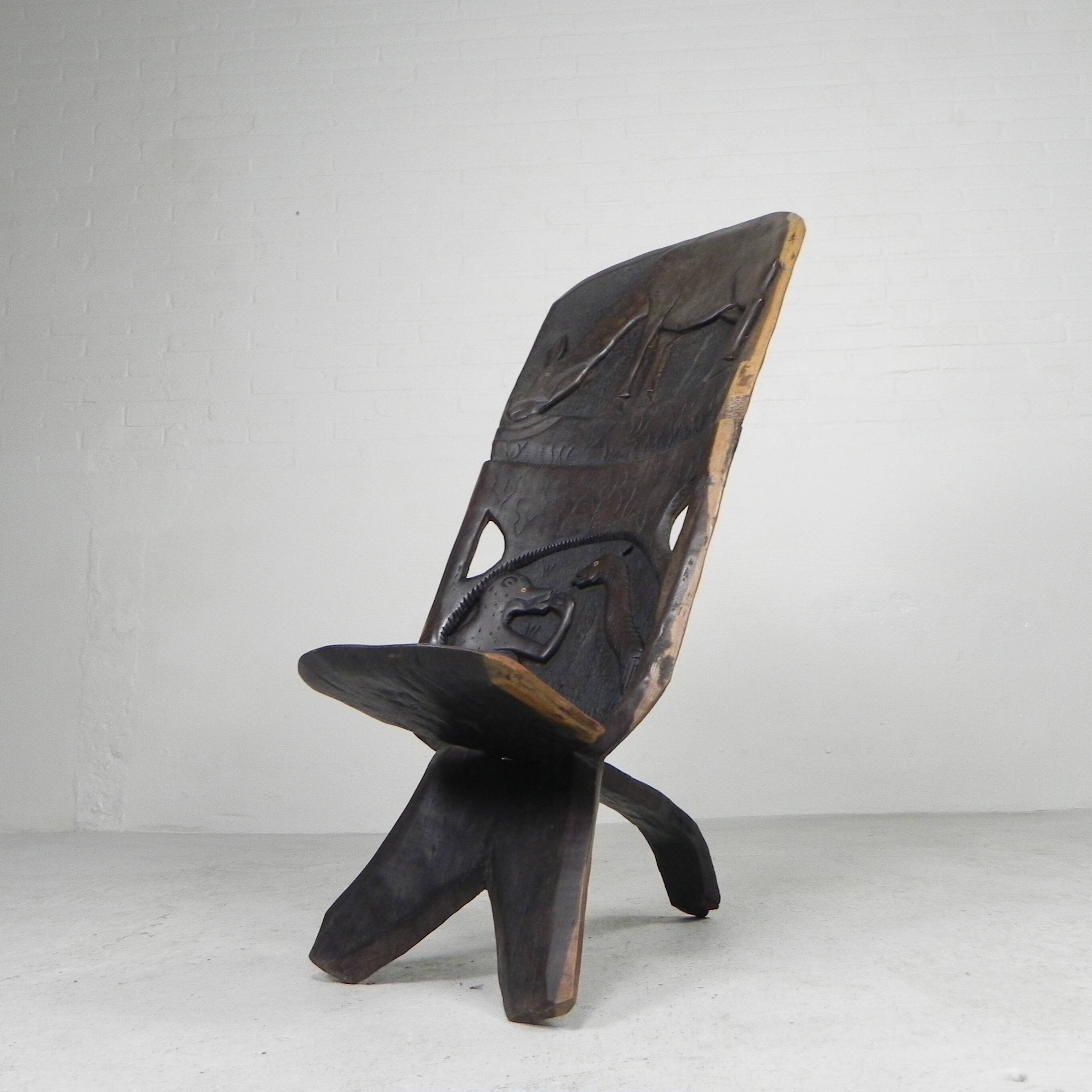Solid ebony Makonde Palaver chair, 1970s