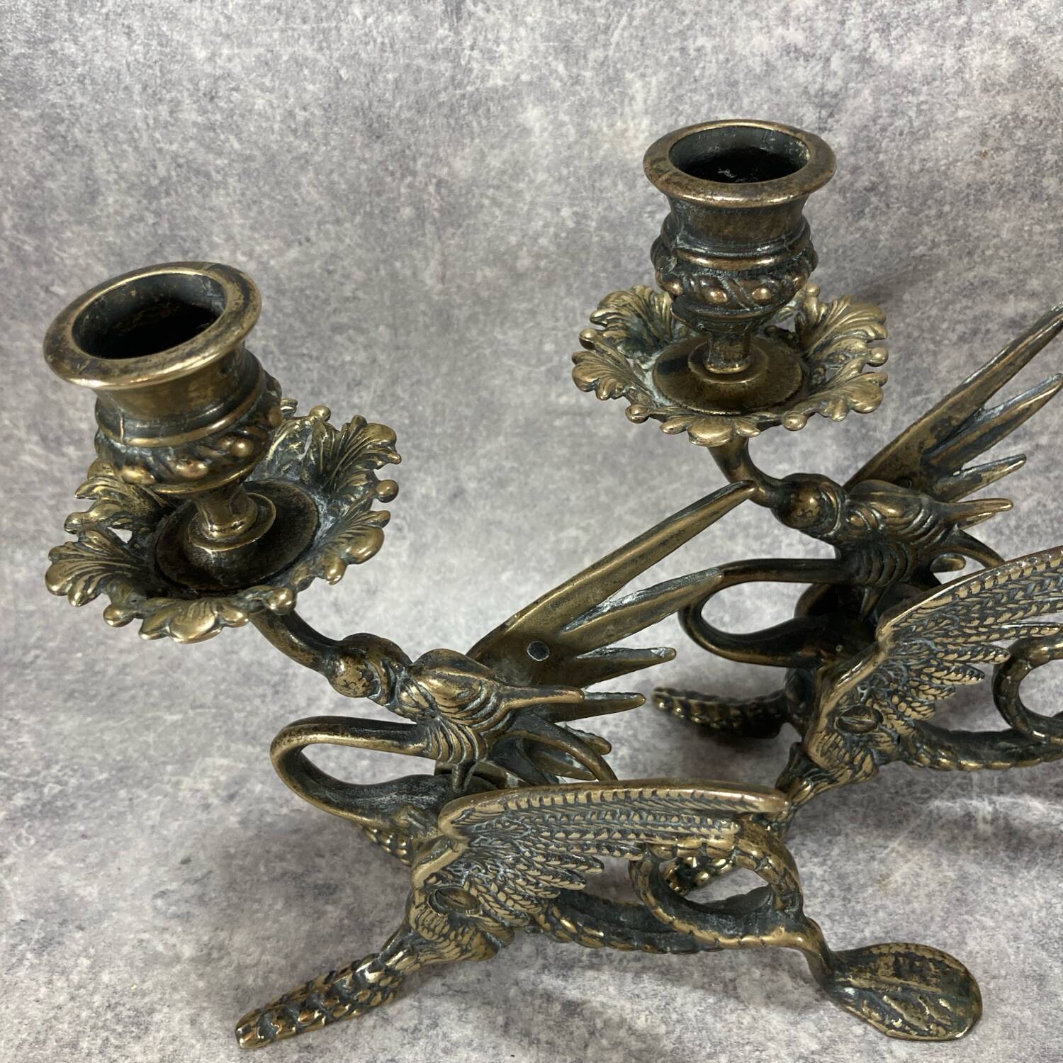 Pair of candlesticks. Chimera Dragon. Gilded brass. Fantastic bestiary