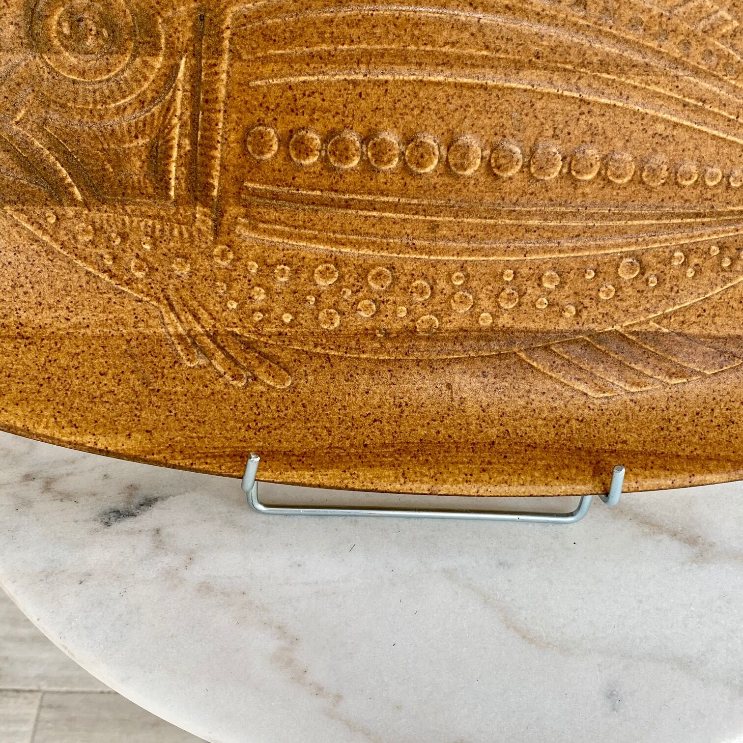 Sandstone dish, from France 1950, fish patterned, brown