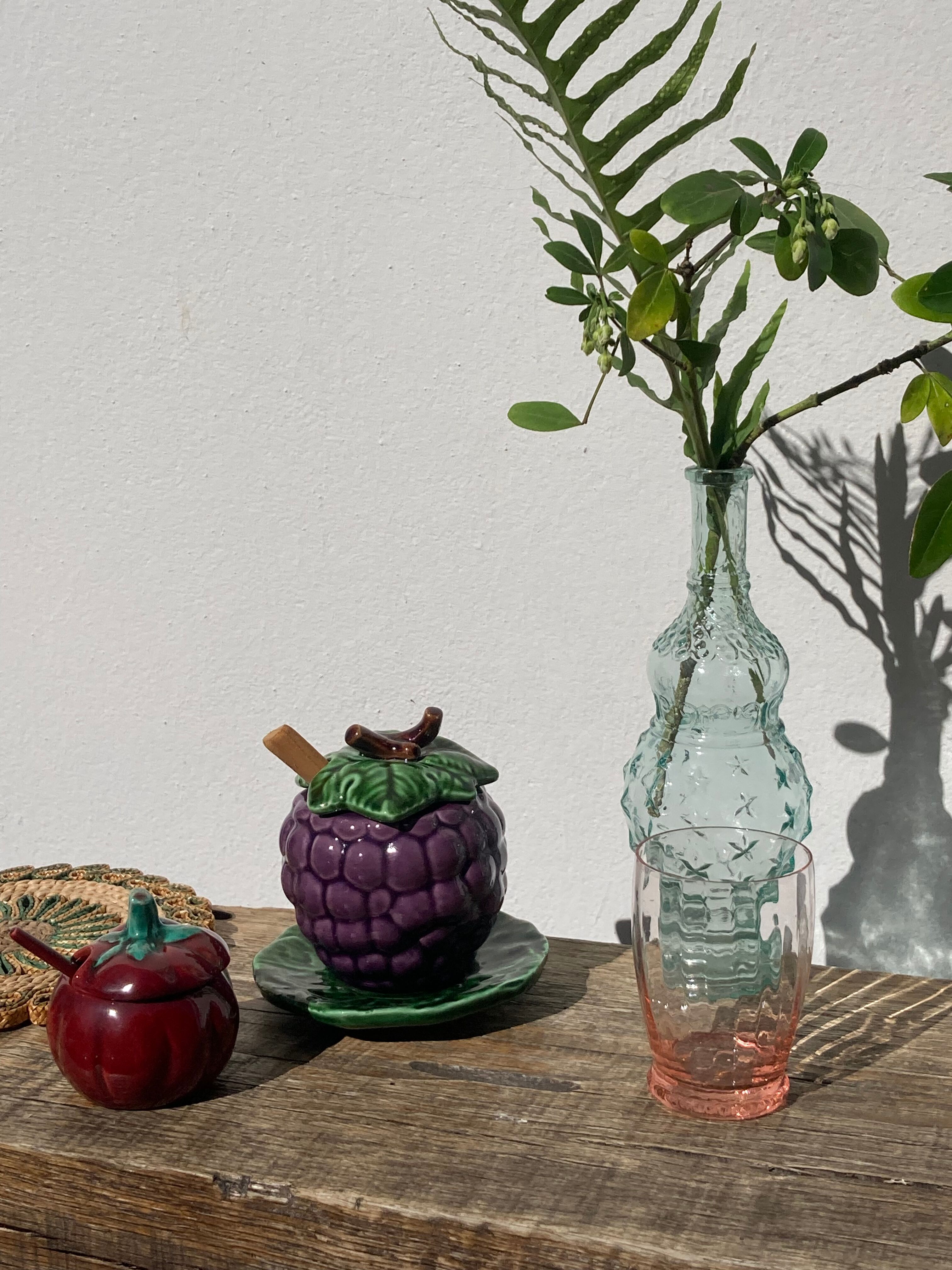 Sweet in Grape Slip or vintage jam maker, green and purple earthenware ceramics