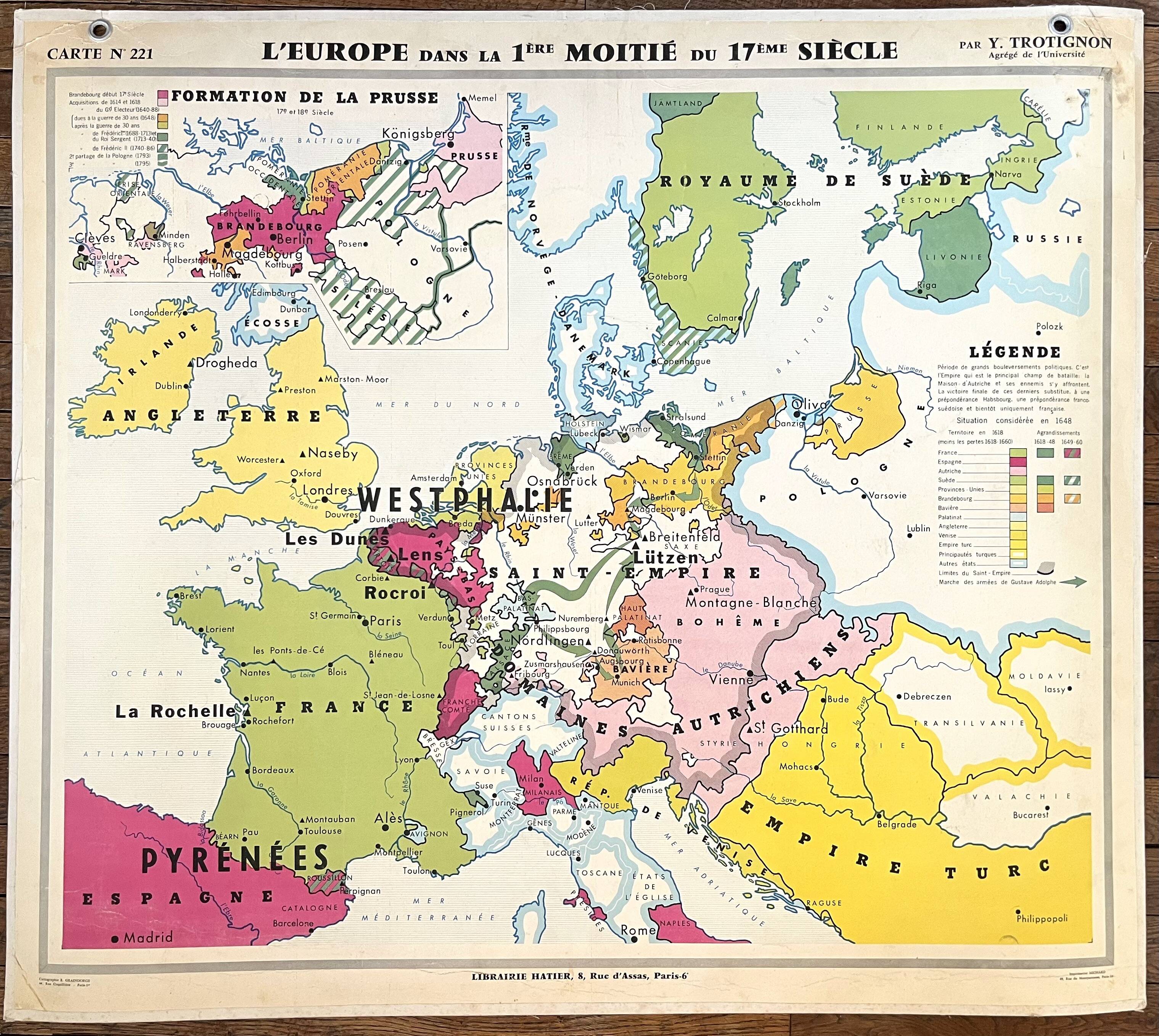 Old Hatier Trotignon map 220-21, 1950 Europe 16th 17th Renaissance