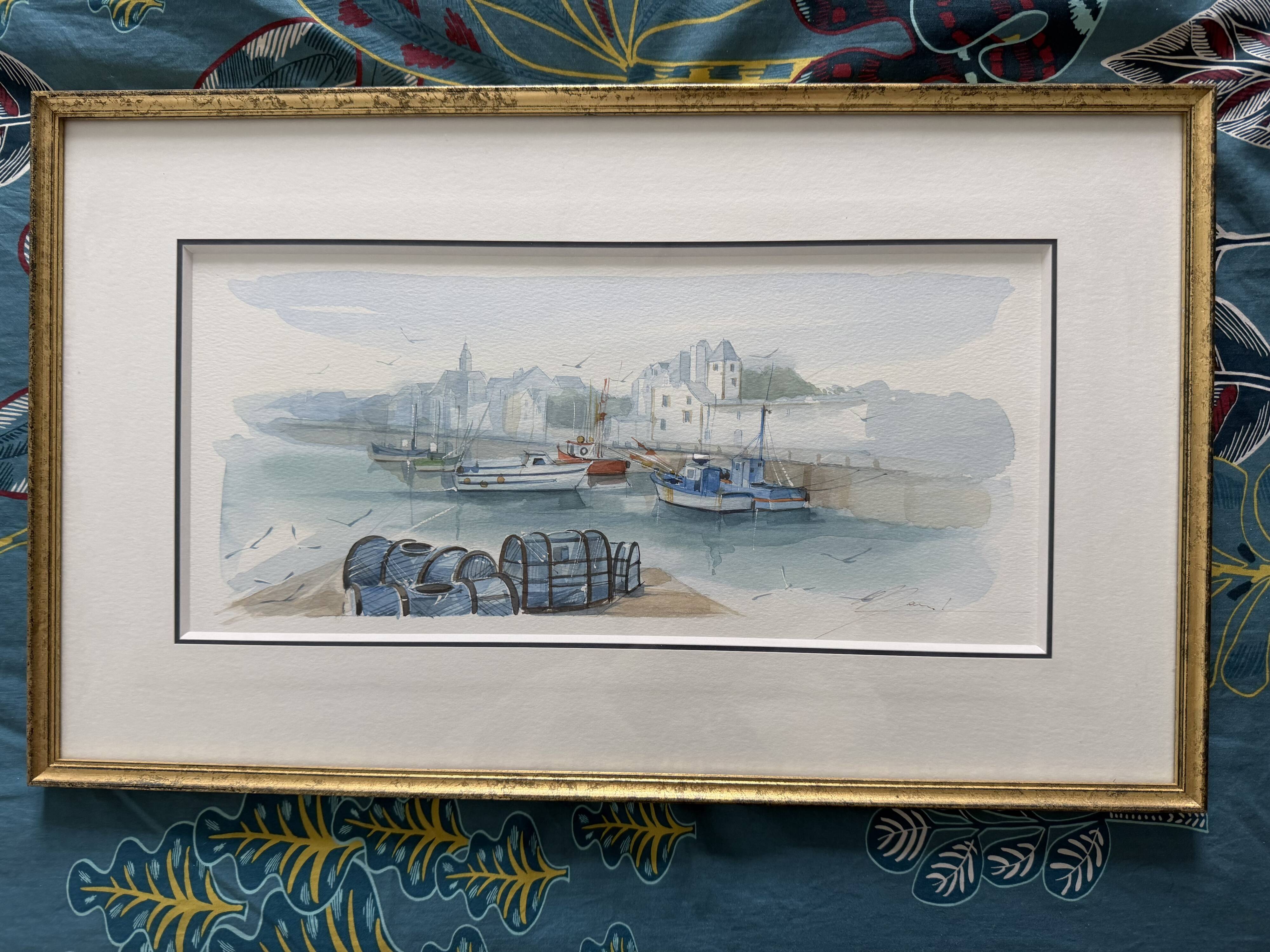Watercolour by Christian Gaudin framed certificate Guérande fishing port marshes