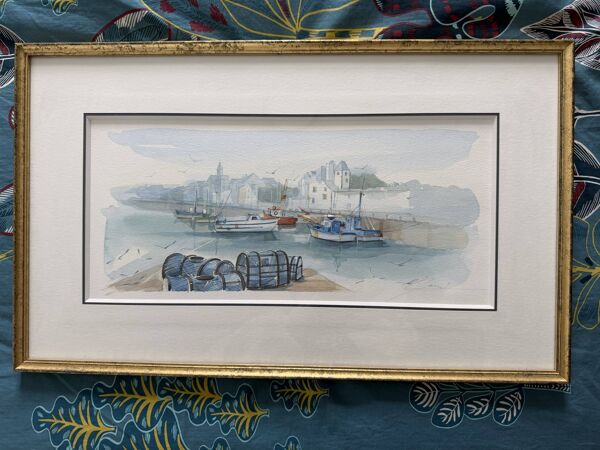 Aquarelle Christian Gaudin encadré certificat Guérande port de pêche marais