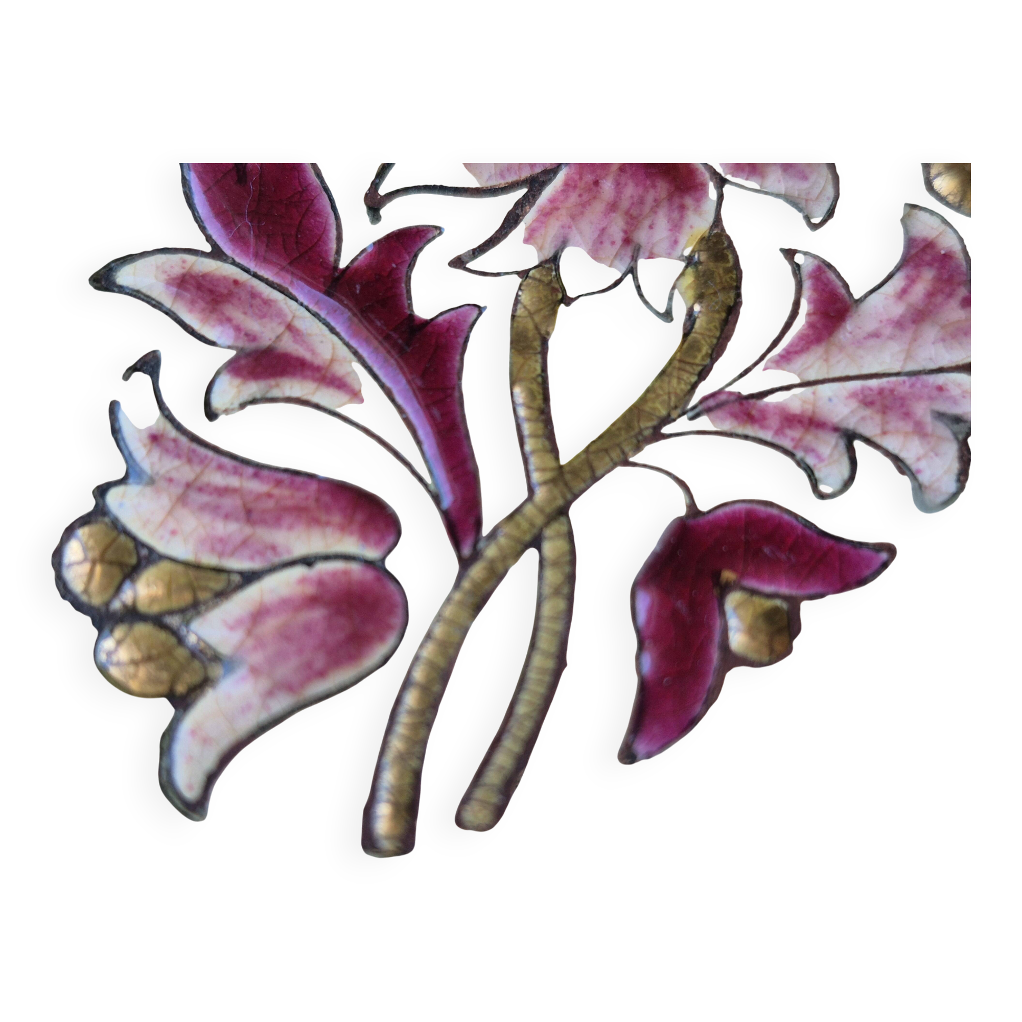Antique Longwy enamel dish, "Plaisance" model, red and gold