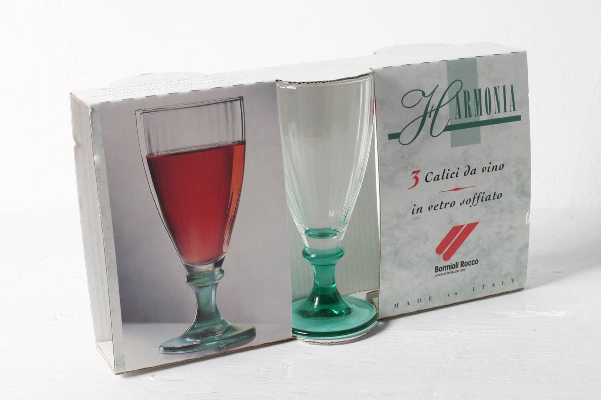 Set of 3 Vintage Bormioli Rocco Wine Glasses: Green Stem Harmonia Flutes