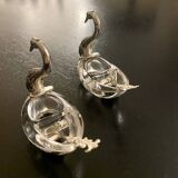 2 swan-shaped salt pots in metal and glass