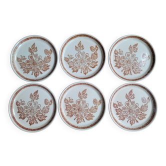 Set of 6 flowered stoneware flat plates