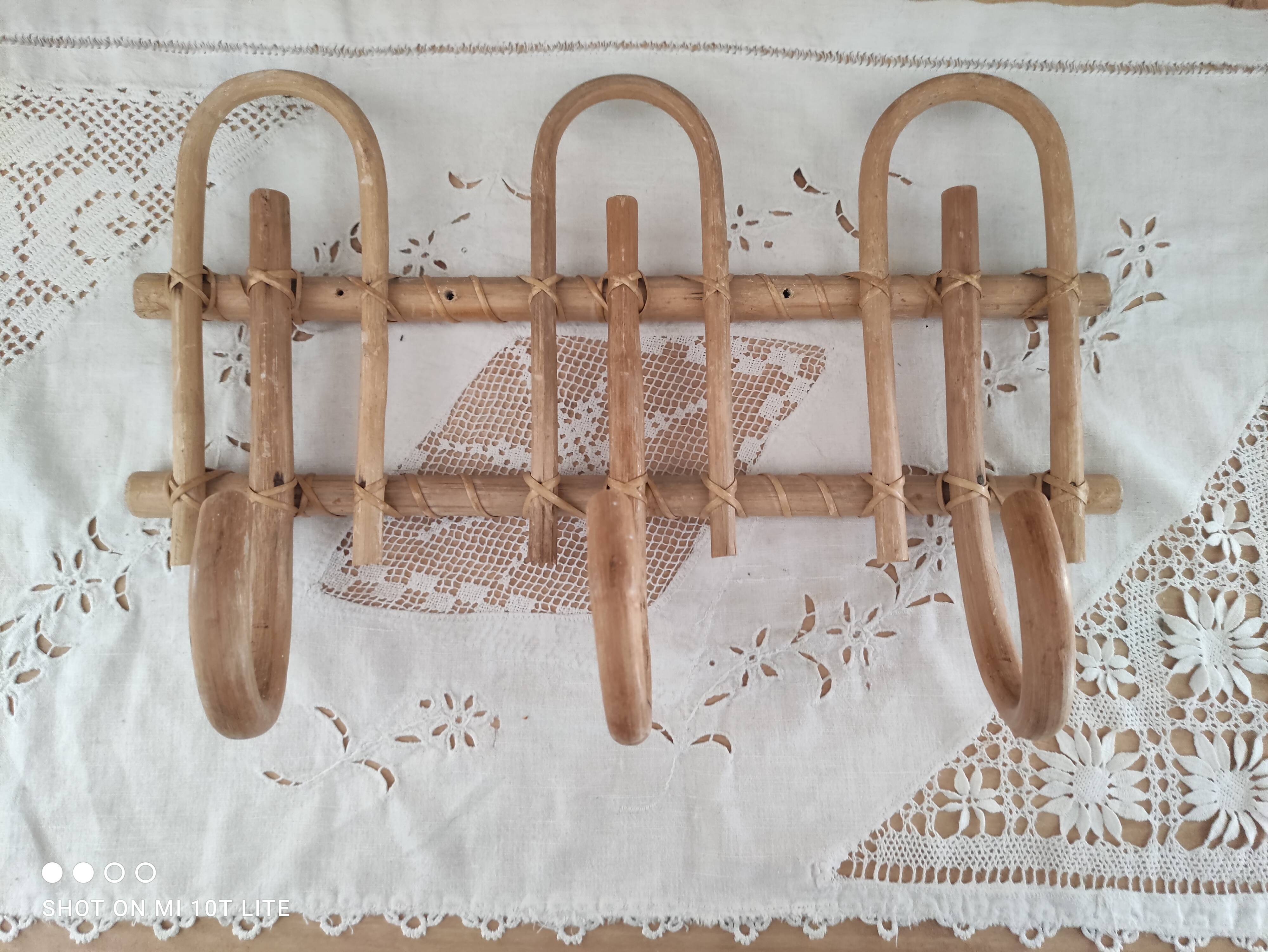 Vintage rattan coat hook with 3 hooks