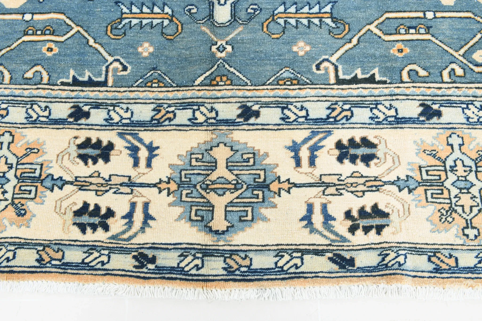 Vintage Large Blue & Peach Persian Rug, Handmade Wool Rustic Decor,348x495