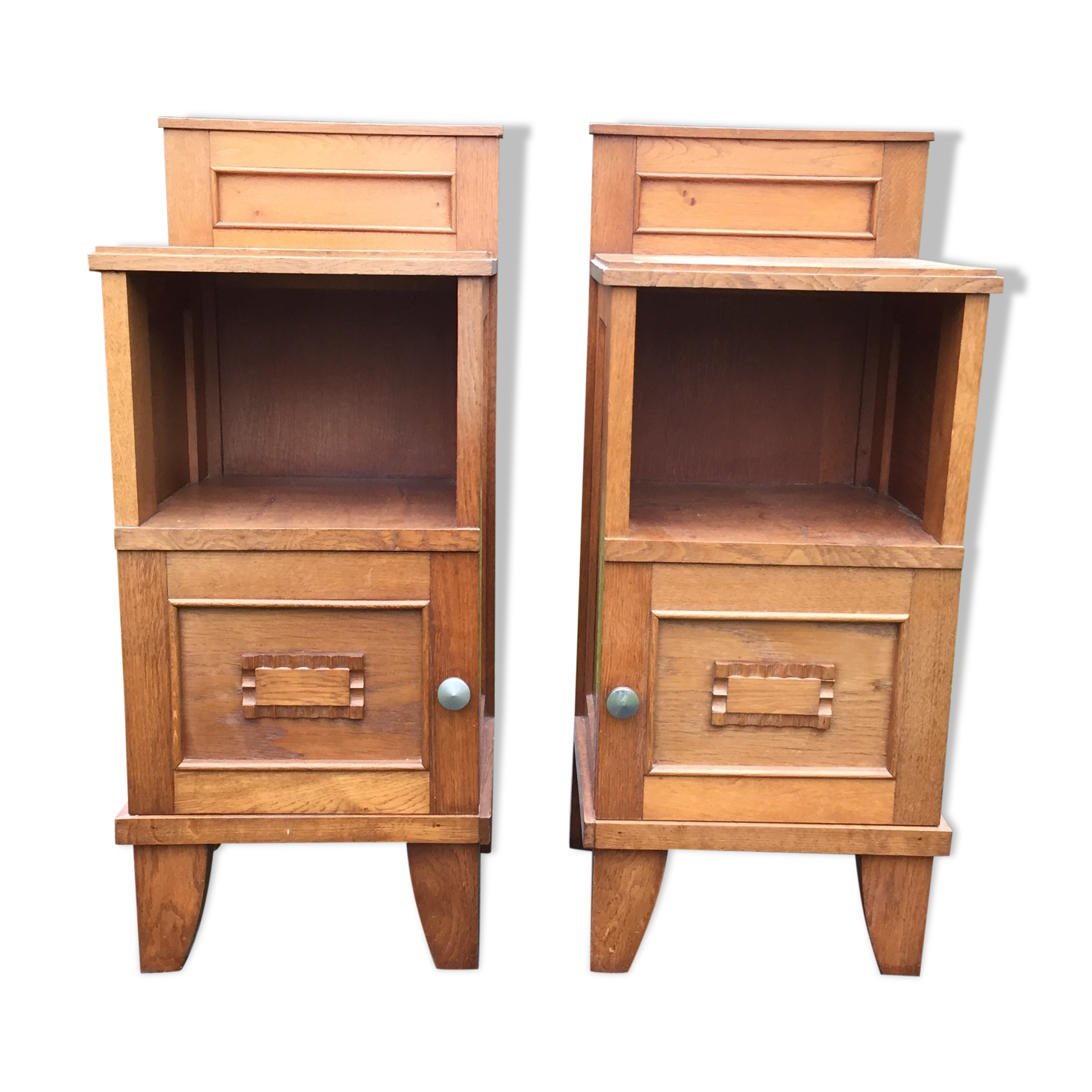Vintage bedside tables with solid oak compass legs (pair)