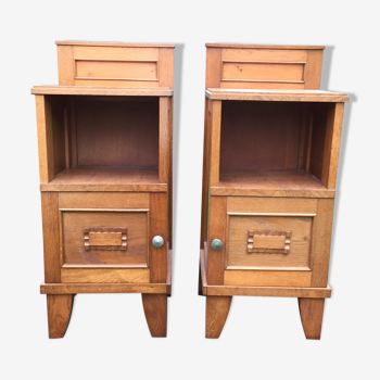 Vintage bedside tables with solid oak compass legs (pair)
