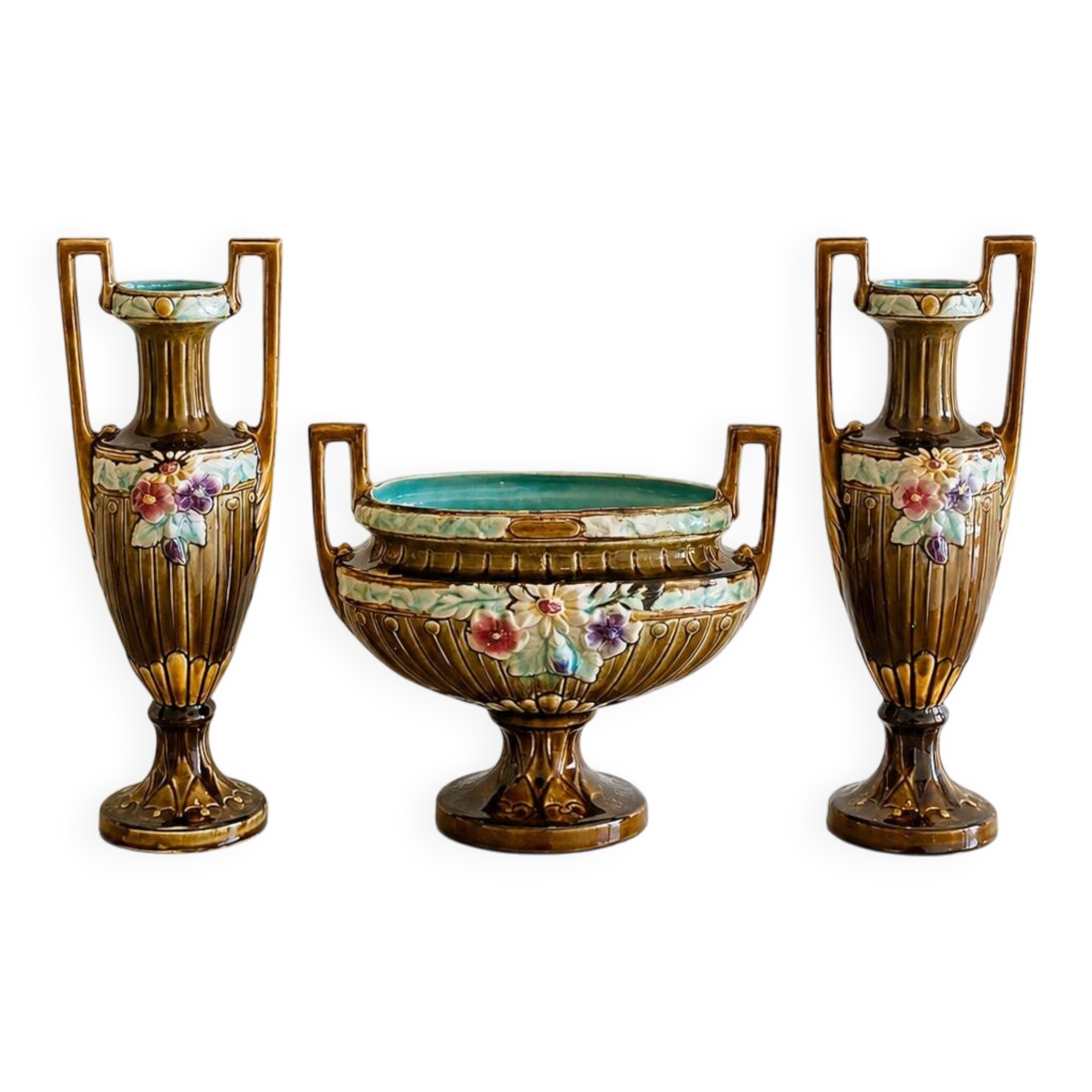 Art Nouveau fireplace set in majolica