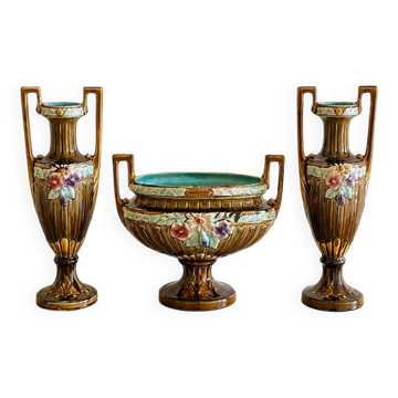 Art Nouveau fireplace set in majolica
