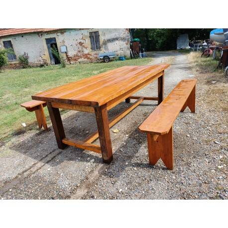 Table de ferme campagnarde en chêne et pin + 2 bancs