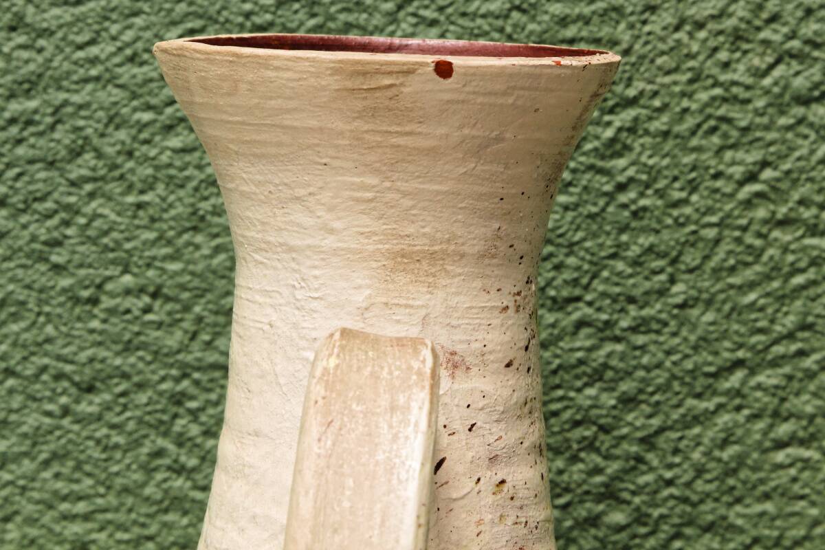 Vessel, jug, signed, 1950s, red terracotta, cream slip.