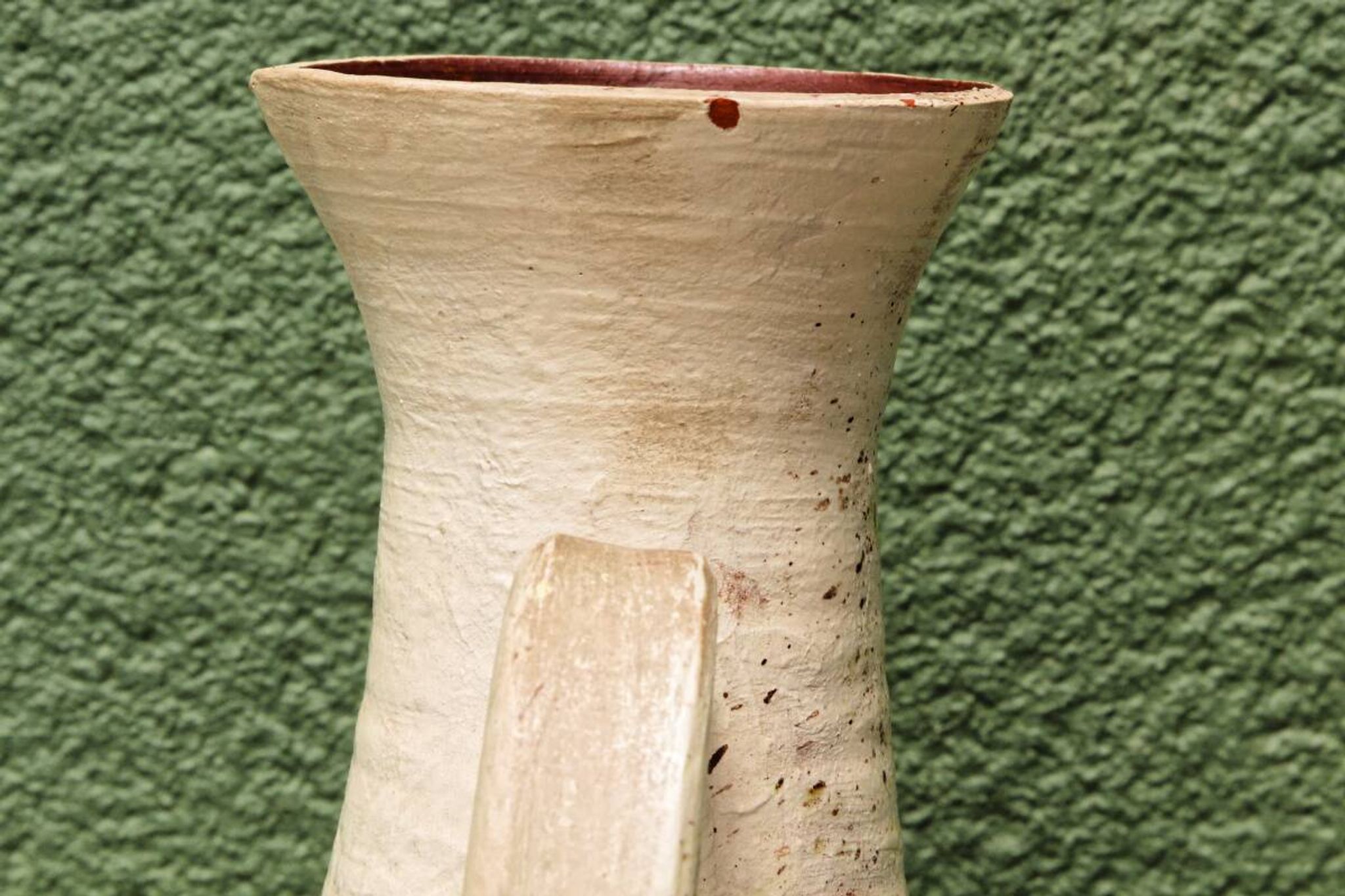Vessel, jug, signed, 1950s, red terracotta, cream slip.