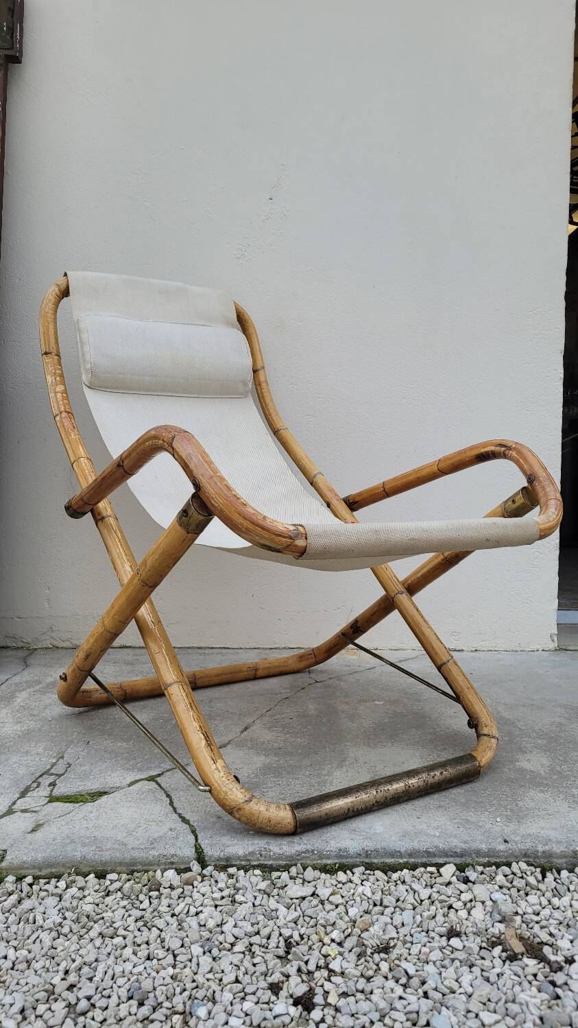 Vintage bamboo deck chair armchair 1950s Italy