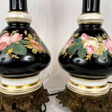 Pair of electrically mounted kerosene lamps, porcelain decorated with roses