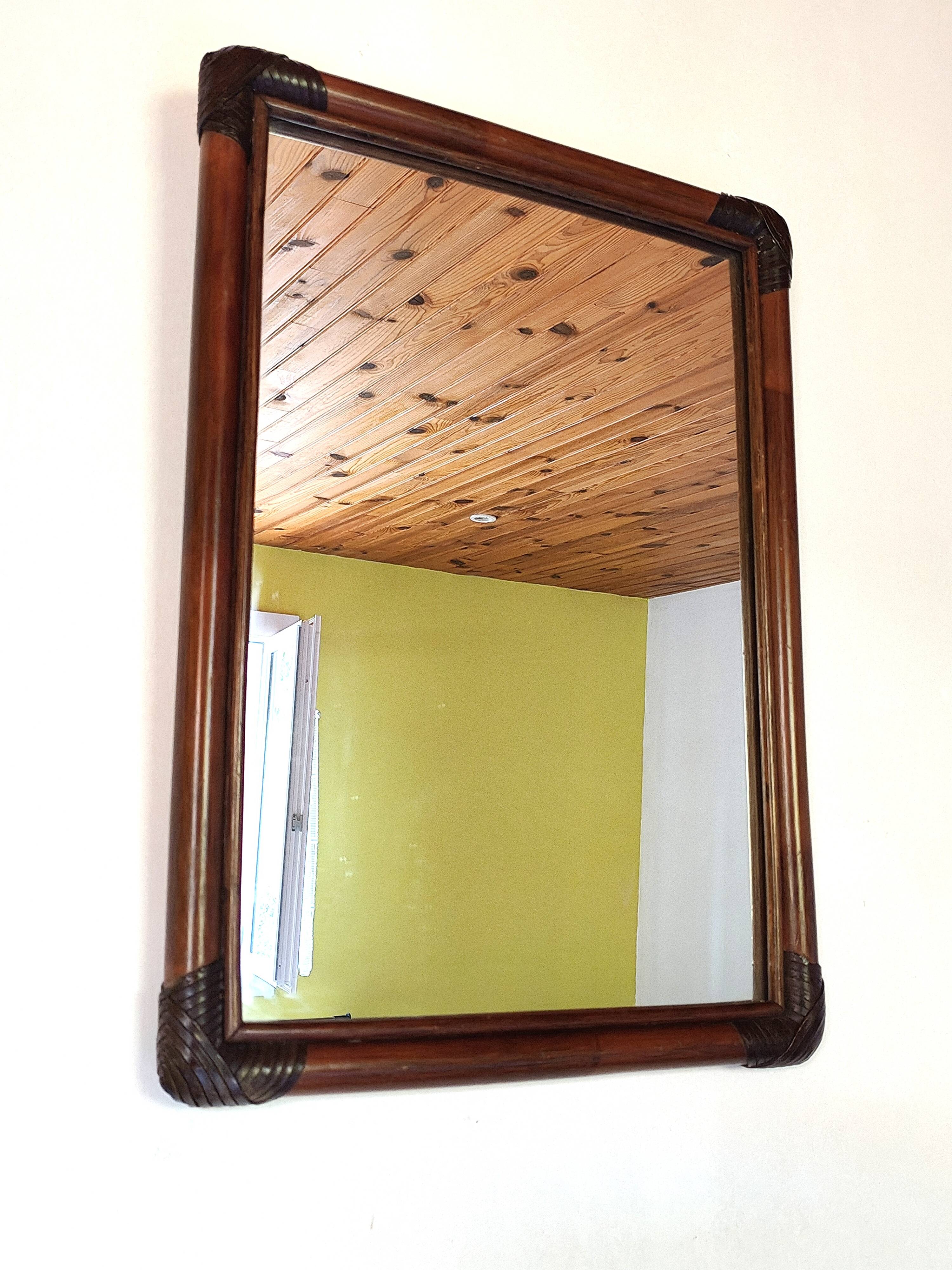 Antique mirror in bamboo and woven leather