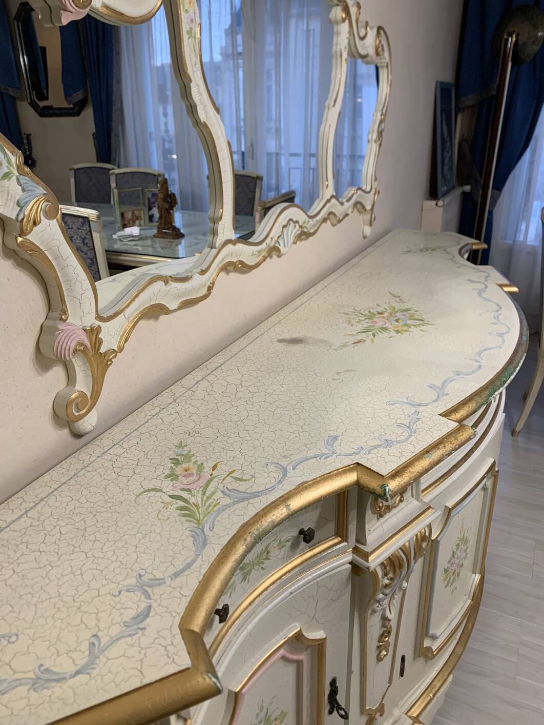 Rococo style white wooden sideboard