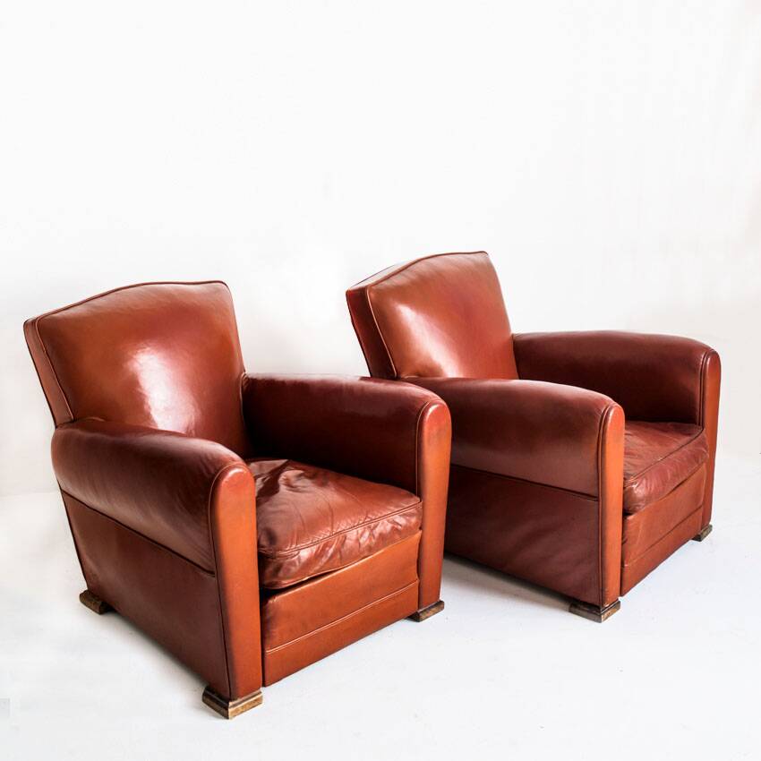 Pair of vintage club armchairs. Wood and Skay. France, 50
